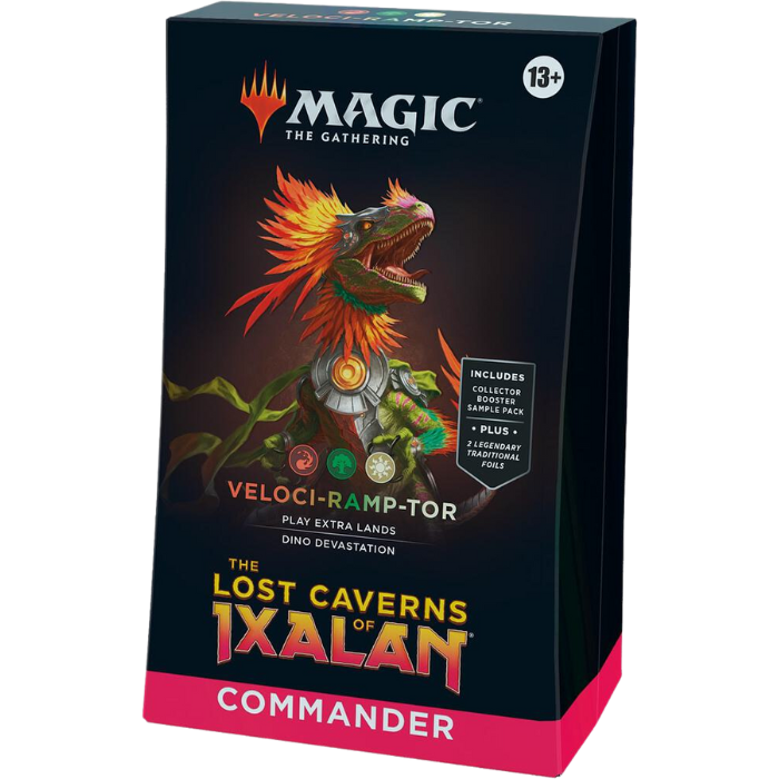 In The Lost Caverns of Ixalan, your players will face an adventure like never before, discovering long-lost ruins, ancient civilizations alive and well, and fan-favorite creatures running rampant. Dig into the heart of Ixalan with a piece of prehistory for every play style.
In Commander, four players come together to show their strength and strategy, with one player coming out on top. Each 100-card ready-to-play The Lost Caverns of Ixalan Commander Deck makes it easy for Commander fans in your store to grab