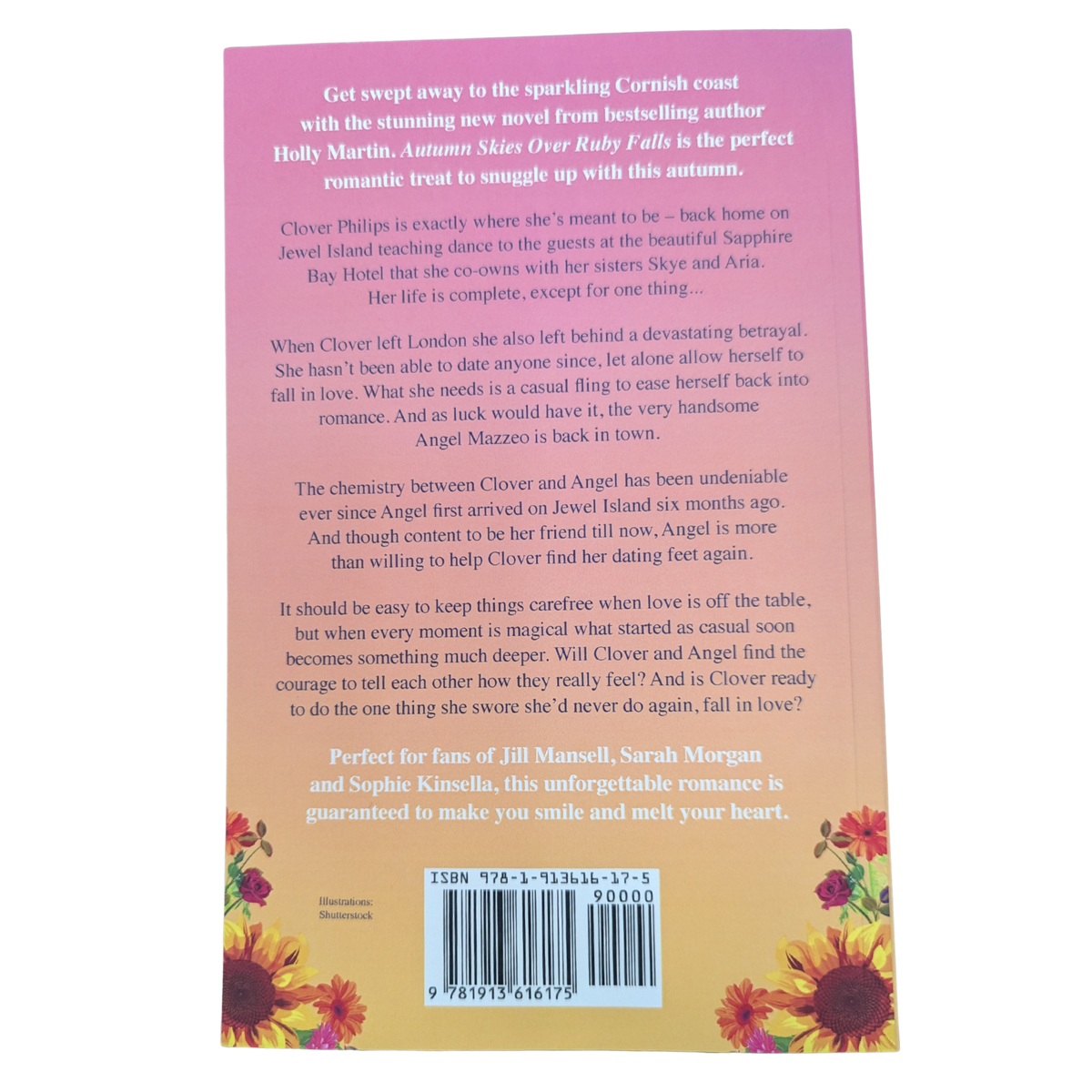 Autumn Skies over Ruby Falls by Holly Martin paperback cover featuring pink autumn skies, colorful fall leaves, a countryside cottage, horses, and a waterfall.