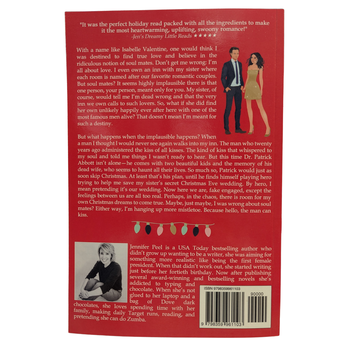 Christmas at Valentine Inn by Jennifer Peel romance book cover featuring a bright red background, Christmas lights, falling snow, and an illustrated man and woman.