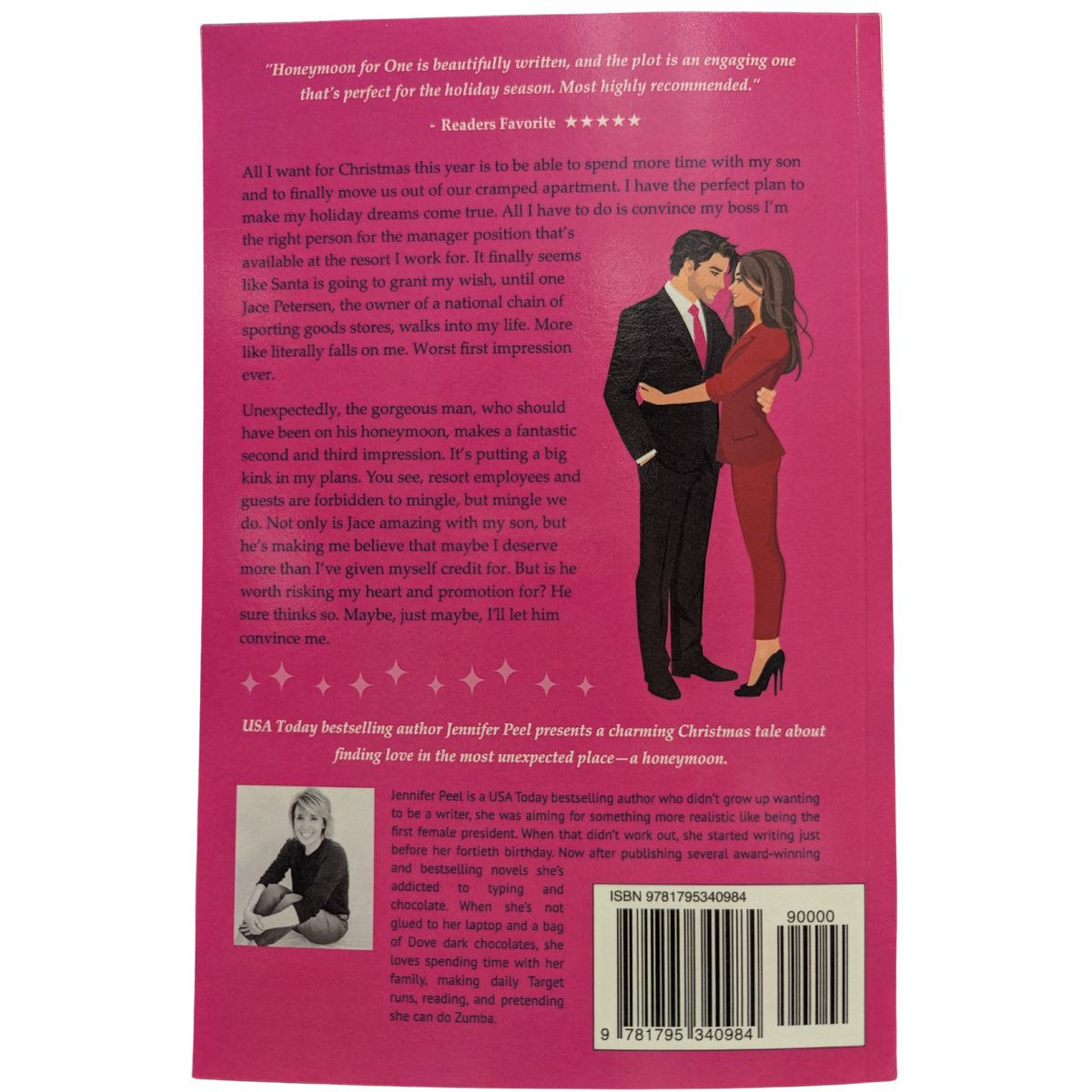 Holiday Honeymoon for One by Jennifer Peel Christmas romance book cover featuring an illustrated dark-haired man in a black suit and a brunette woman in red, with a decorated Christmas tree and snowy mountain scenery.