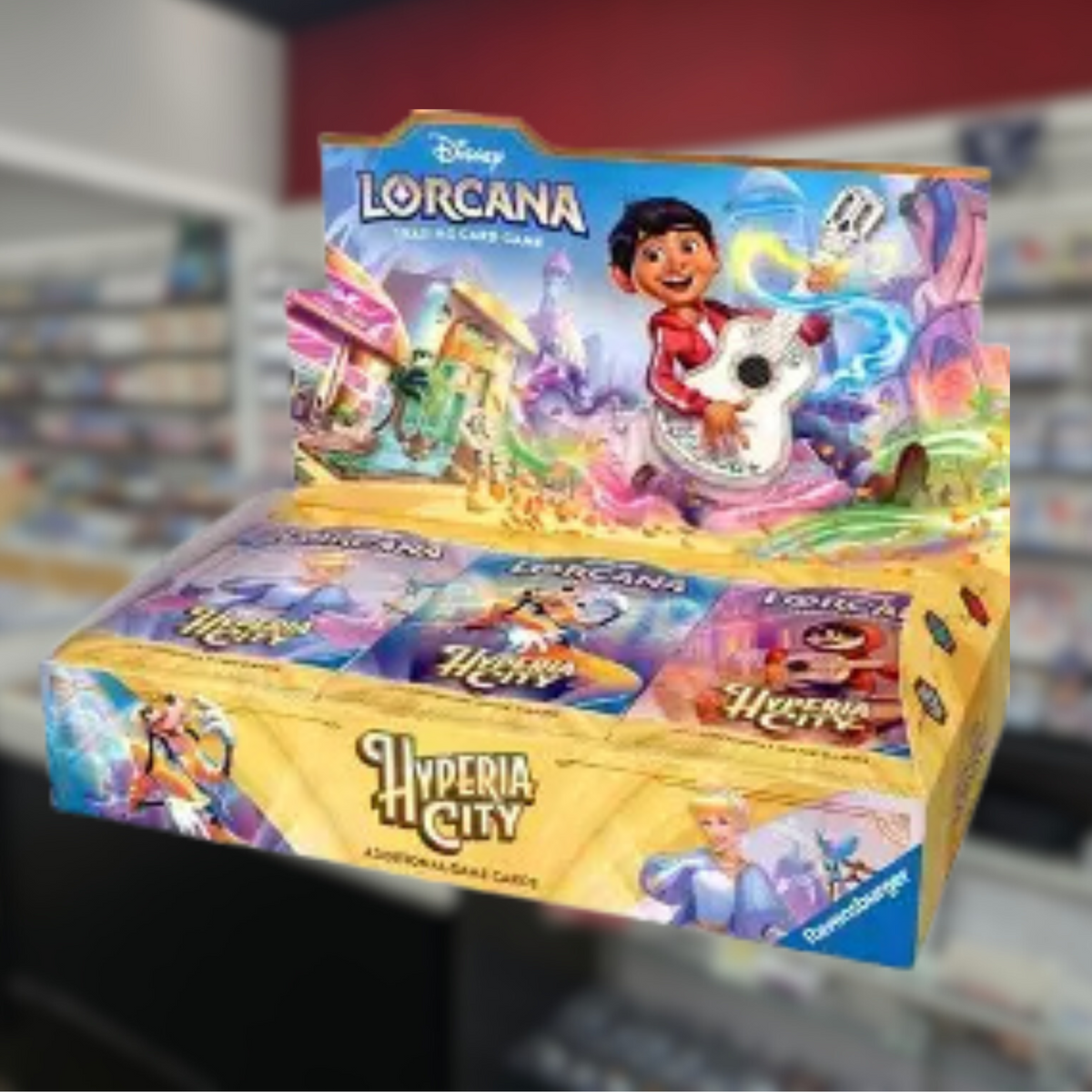 Disney Lorcana Hyperia City booster box on The Perk card shop background