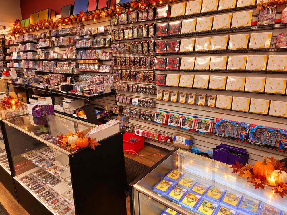 The Perk trading card shop with autumn decorations