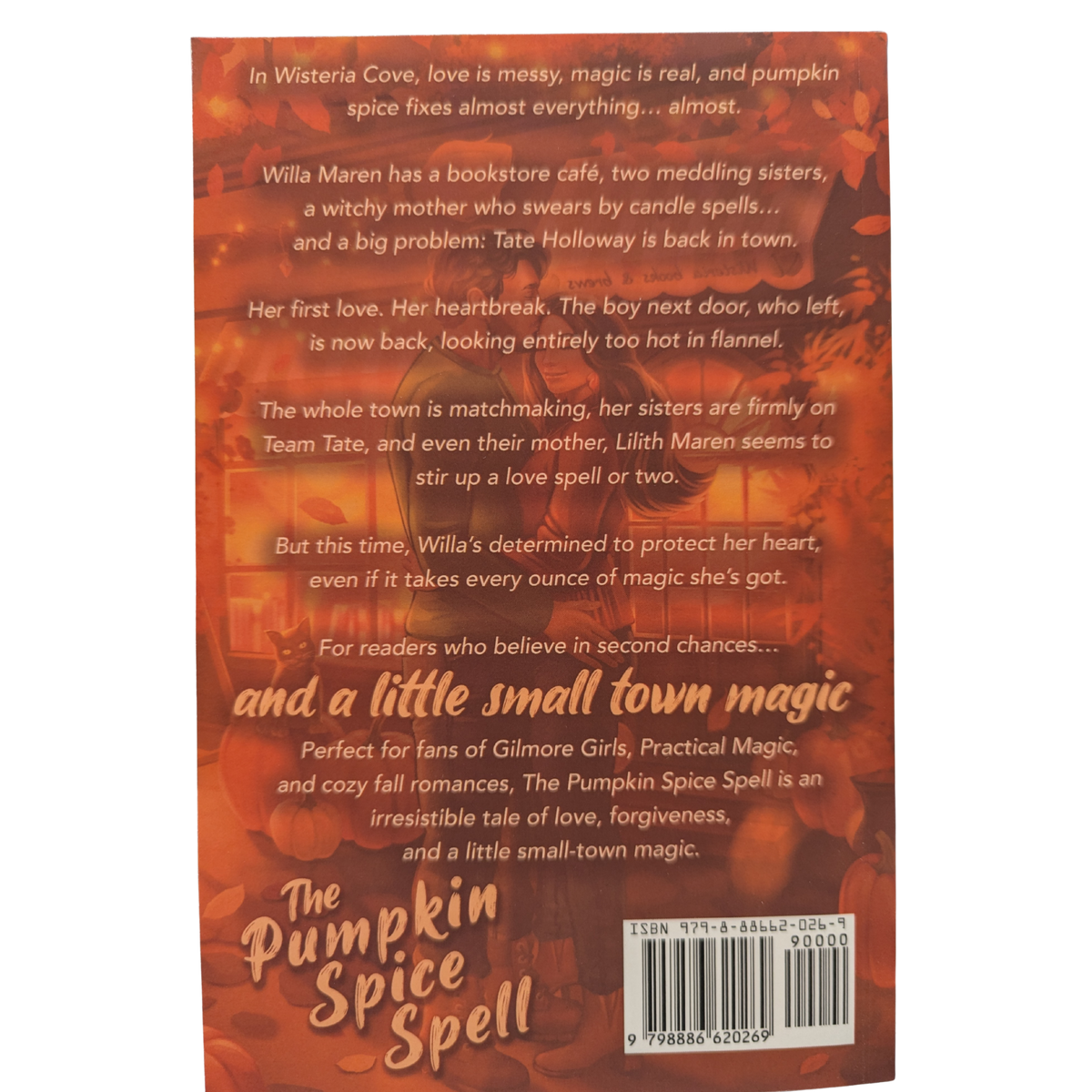 The Pumpkin Spice Spell by Erin Branscom romance book cover featuring an illustrated couple embracing outside a glowing Wisteria Cove bookshop and brewery, surrounded by pumpkins, autumn leaves, and warm string lights.