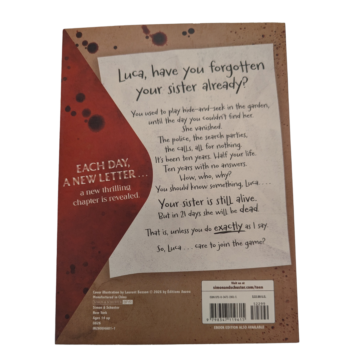 21 Days of Fear by Hervé Commère mystery thriller book cover featuring torn beige paper revealing a blood-red background, bold white lettering, and the tagline One Day One Letter