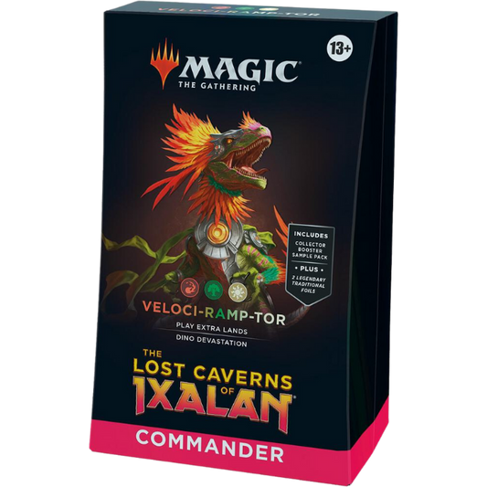 In The Lost Caverns of Ixalan, your players will face an adventure like never before, discovering long-lost ruins, ancient civilizations alive and well, and fan-favorite creatures running rampant. Dig into the heart of Ixalan with a piece of prehistory for every play style.
In Commander, four players come together to show their strength and strategy, with one player coming out on top. Each 100-card ready-to-play The Lost Caverns of Ixalan Commander Deck makes it easy for Commander fans in your store to grab