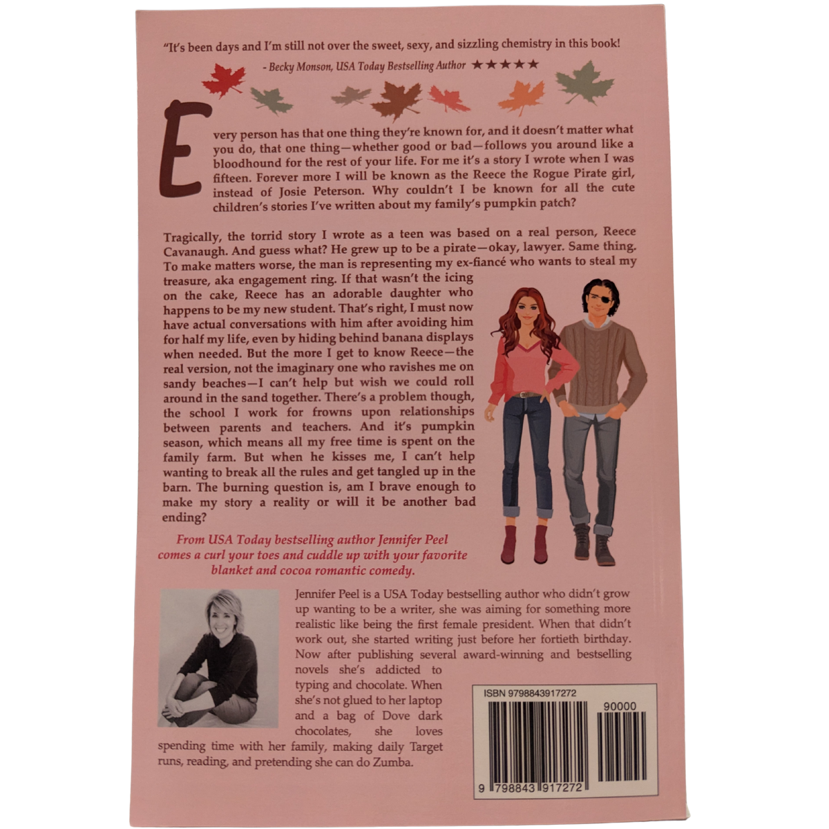 A Pumpkin and a Patch by Jennifer Peel fall romance book cover featuring an illustrated woman in a pink sweater and a man in a brown sweater standing beside pumpkins against a soft pink autumn background.