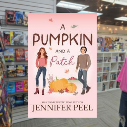 A Pumpkin and a Patch by Jennifer Peel fall romance book cover featuring an illustrated woman in a pink sweater and a man in a brown sweater standing beside pumpkins against a soft pink autumn background.