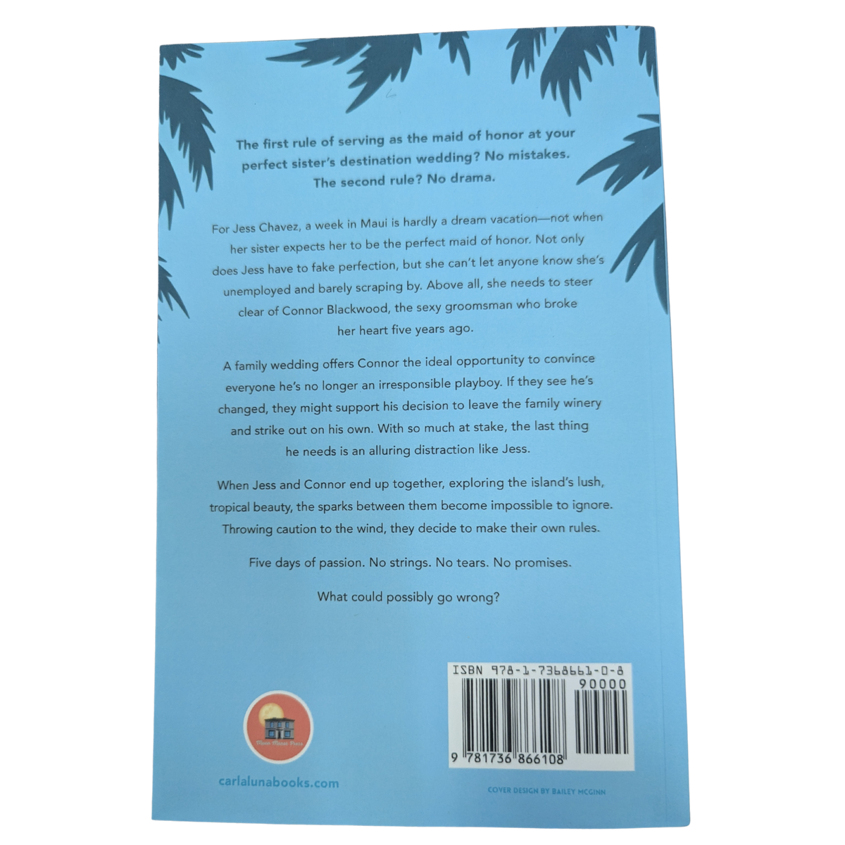 Blue Hawaiian by Carla Luna paperback romance book cover featuring an illustrated couple on a tropical Hawaiian beach with palm trees, turquoise water, and a pink sunset.