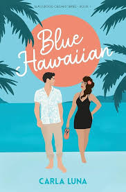 Blue Hawaiian by Carla Luna paperback romance book cover featuring an illustrated couple on a tropical Hawaiian beach with palm trees, turquoise water, and a pink sunset.
