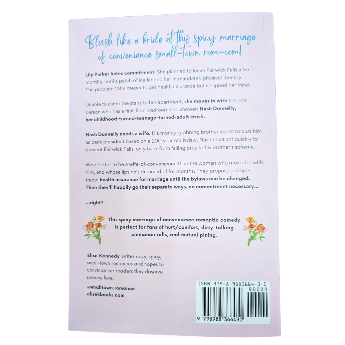 Conveniently in Bloom by Elise Kennedy romance book cover featuring an illustrated bride and groom holding colorful flowers against a pink background with blooming flowers.