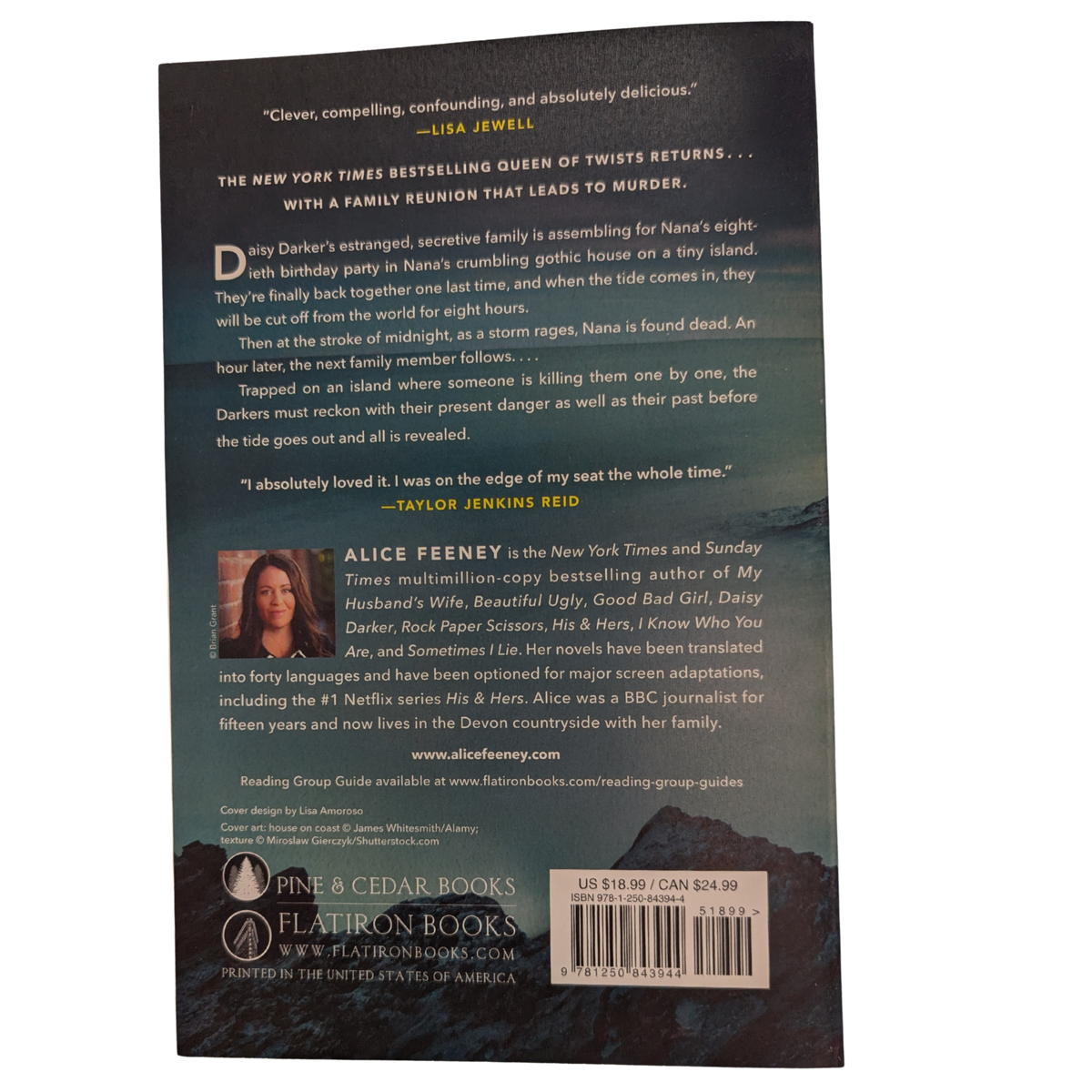 Daisy Darker by Alice Feeney psychological thriller paperback book cover featuring a dark rocky coastline, stormy ocean, distant lighthouse, and bold yellow title lettering