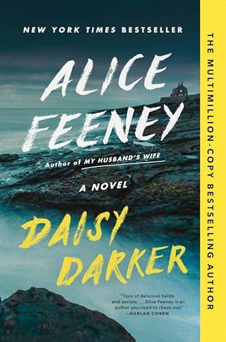 Daisy Darker by Alice Feeney psychological thriller paperback book cover featuring a dark rocky coastline, stormy ocean, distant lighthouse, and bold yellow title lettering