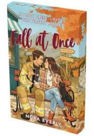 Fall at Once by Nora Everly illustrated autumn romance book cover featuring a couple surrounded by colorful fall scenery