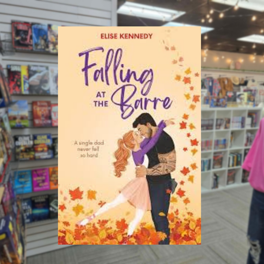 Falling at the Barre by Elise Kennedy romance book cover featuring an illustrated couple embracing among colorful autumn leaves against a warm peach background.