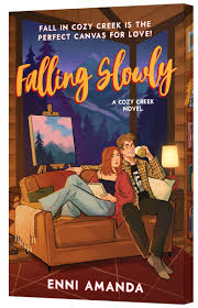 Falling Slowly by Enni Amanda paperback cozy autumn romance book cover featuring an illustrated couple relaxing together on a couch