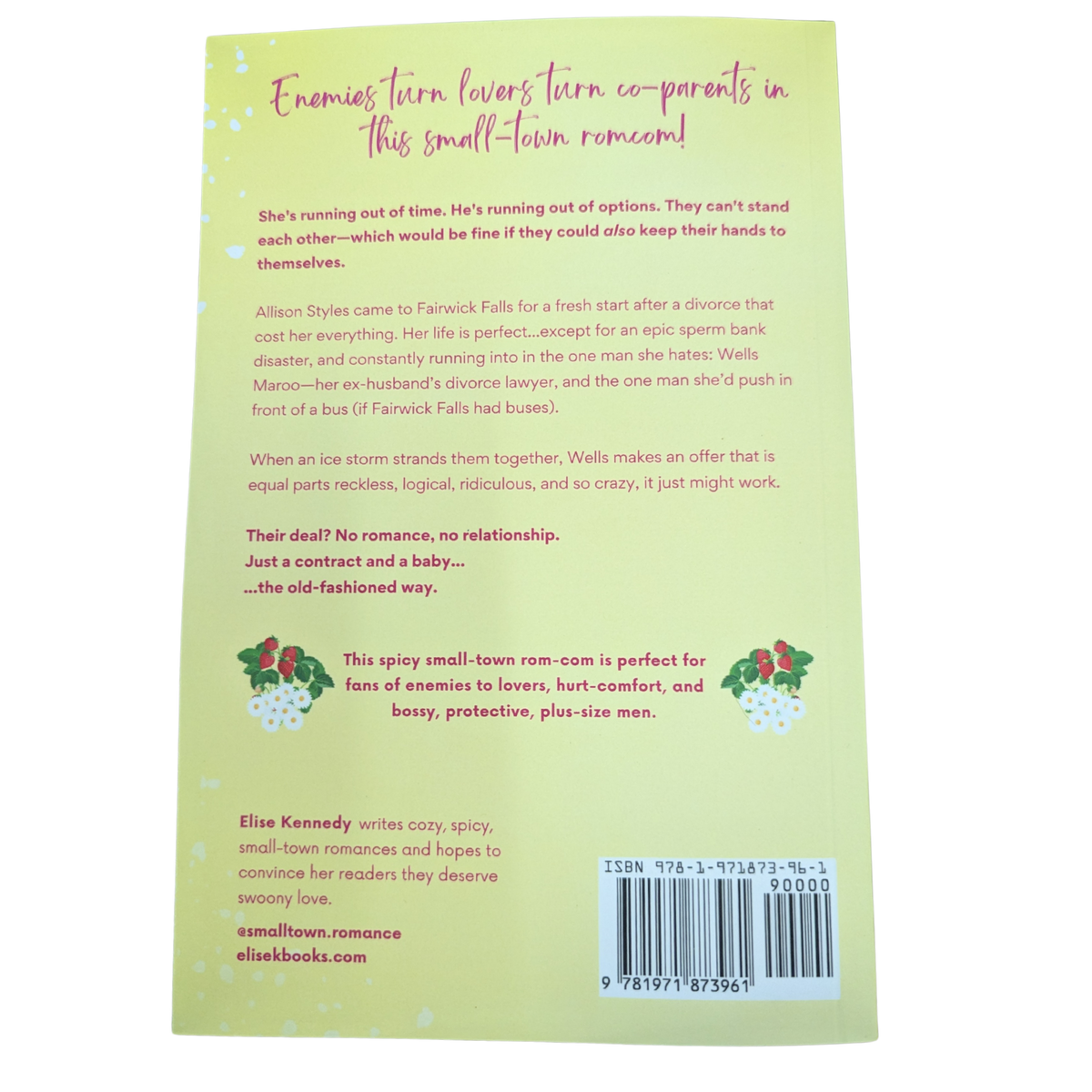 Forever in Bloom by Elise Kennedy contemporary romance paperback cover featuring an illustrated couple embracing against a yellow background with colorful flowers.