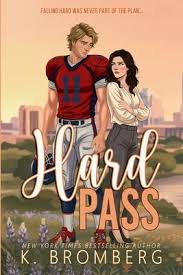 Hard Pass by K. Bromberg sports romance book cover featuring an illustrated blond football player in a red jersey standing beside a brunette woman against a city skyline.