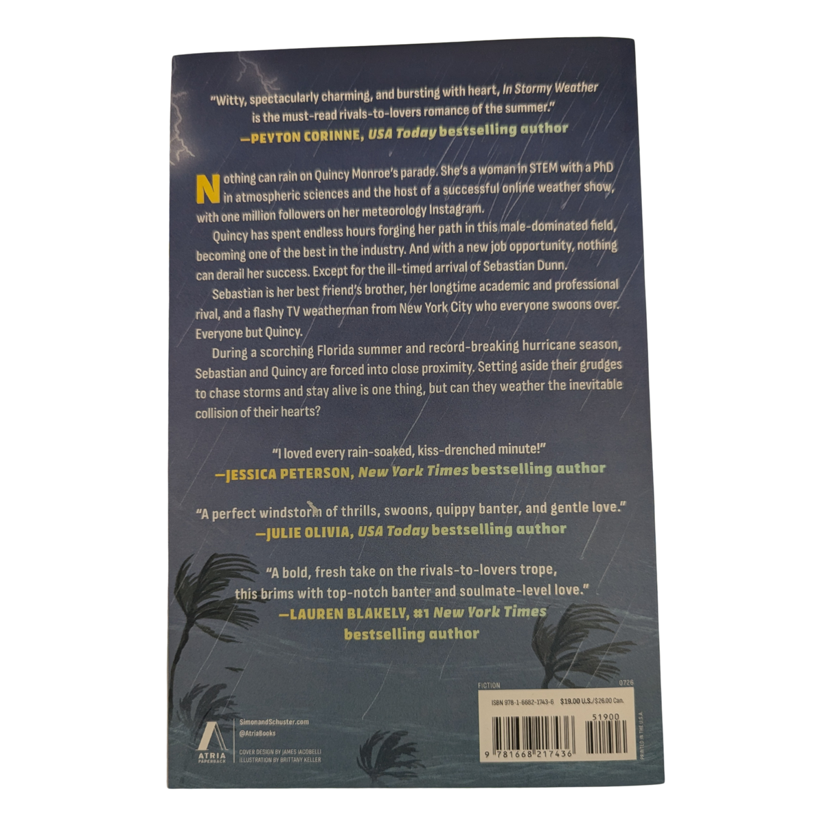 In Stormy Weather by Chelsea Curto paperback romance book cover featuring an illustrated couple surrounded by tropical palm trees and lightning during a storm