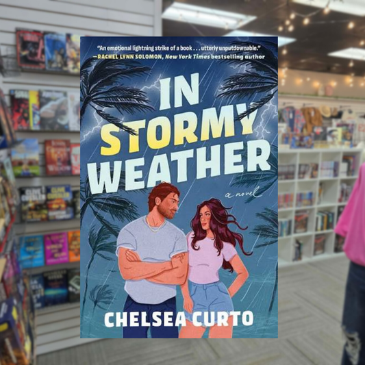 In Stormy Weather by Chelsea Curto paperback romance book cover featuring an illustrated couple surrounded by tropical palm trees and lightning during a storm