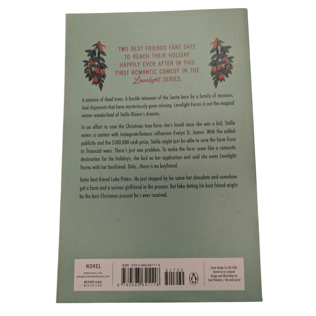 Lovelight Farms by B.K. Borison paperback Christmas romance book cover featuring an illustrated couple embracing beneath mistletoe