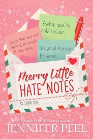 Merry Little Hate Notes by Jennifer Peel Christmas romance book cover featuring a pink snowy background, festive airmail envelope, colorful handwritten notes, and a red pencil.
