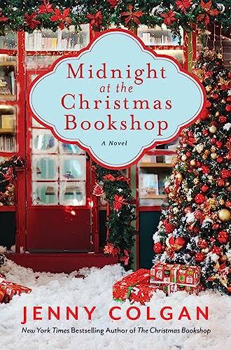 Midnight at the Christmas Bookshop by Jenny Colgan paperback cover featuring a festive red bookstore decorated with Christmas garlands, a colorful Christmas tree, wrapped presents, and snow