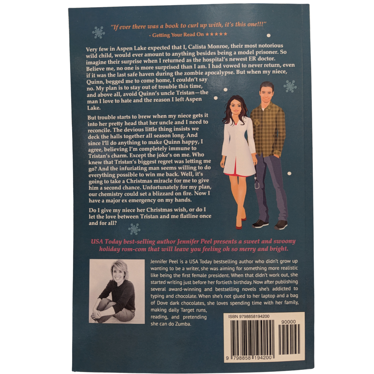 My Ex-Mas Emergency by Jennifer Peel Christmas romance book cover featuring a dark teal snowy background, an illustrated man and woman, and colorful Christmas-themed lettering.