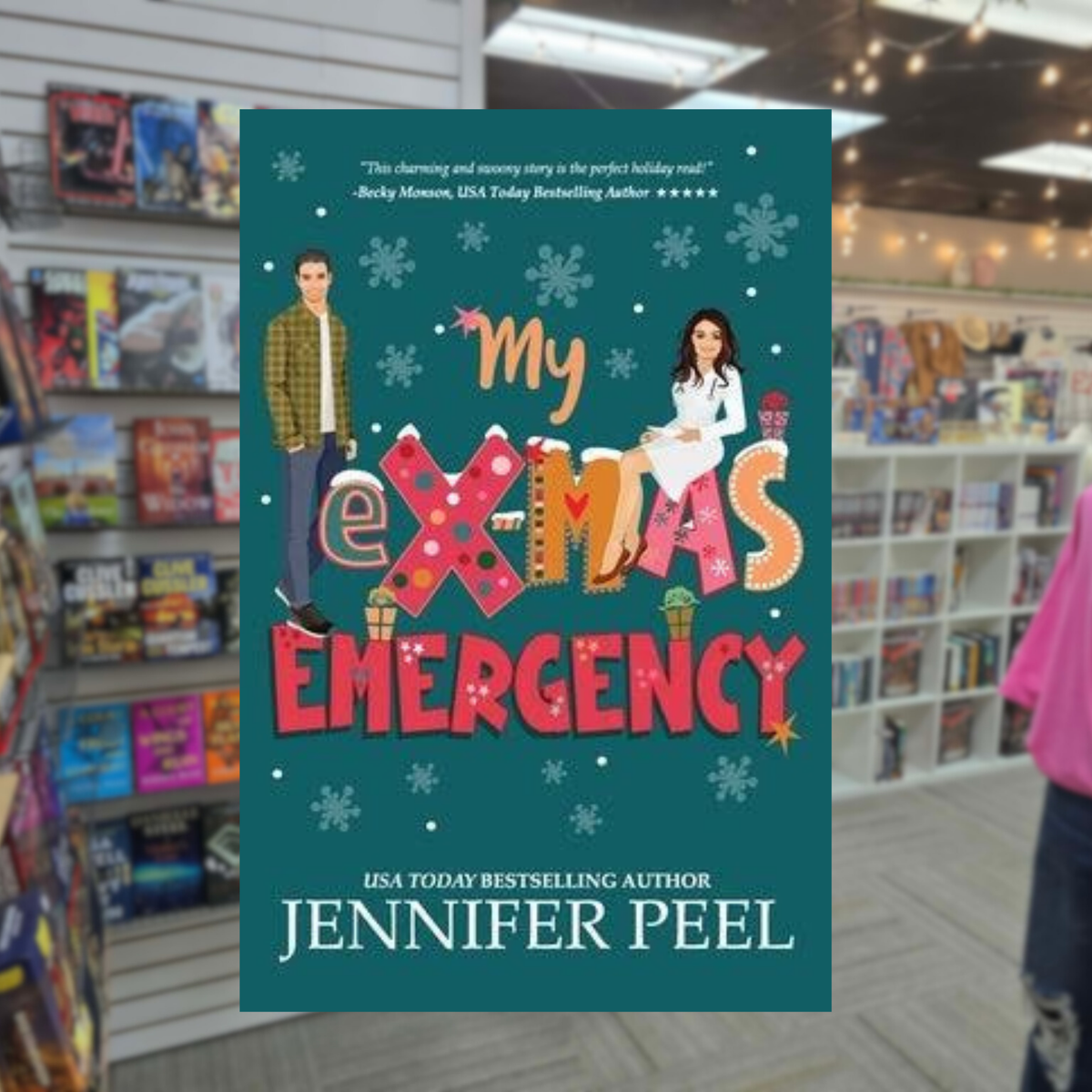 My Ex-Mas Emergency by Jennifer Peel Christmas romance book cover featuring a dark teal snowy background, an illustrated man and woman, and colorful Christmas-themed lettering.