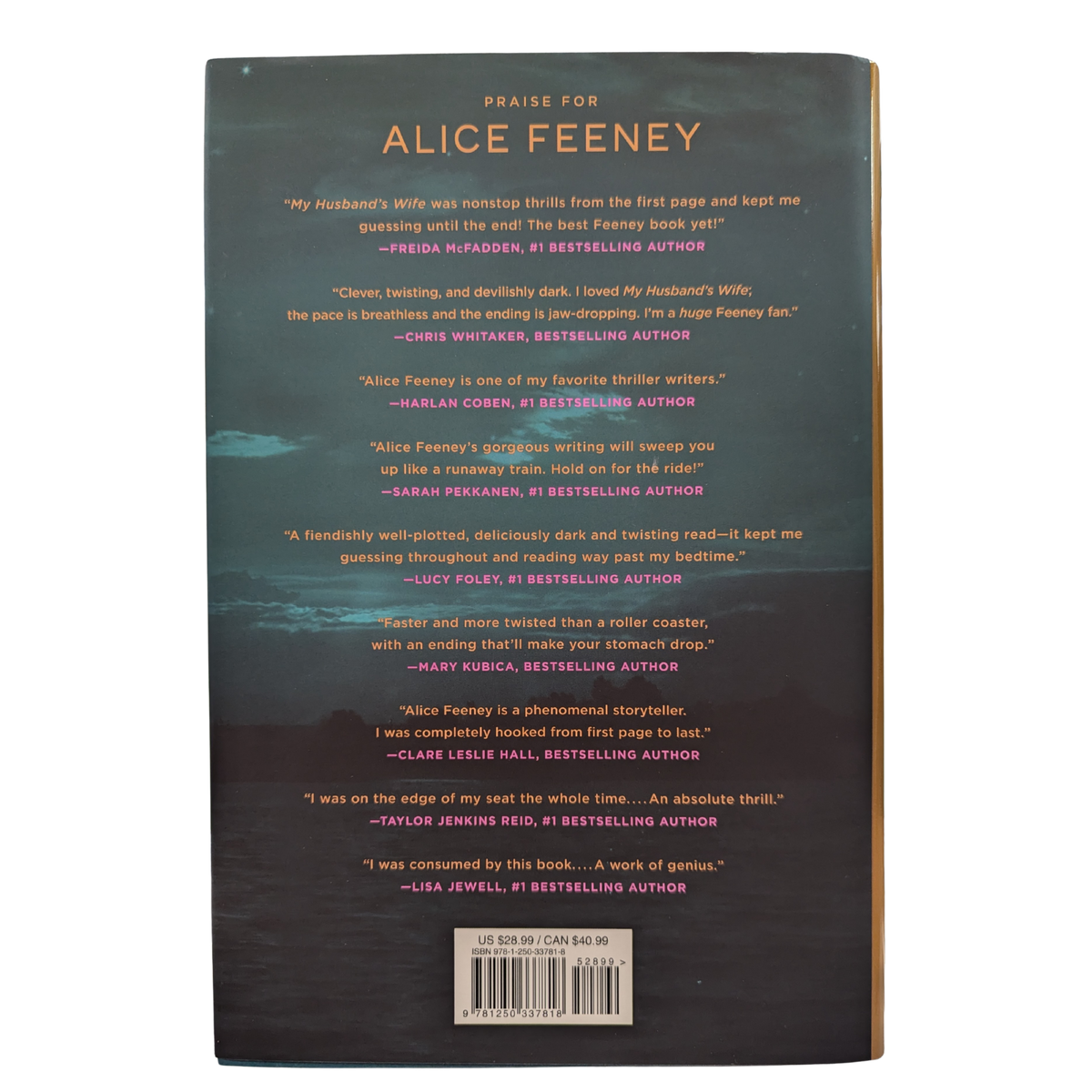My Husband's Wife by Alice Feeney psychological thriller book cover featuring a large gold key with a woman's silhouette in the keyhole, a dark teal sky, water, and bold pink lettering.