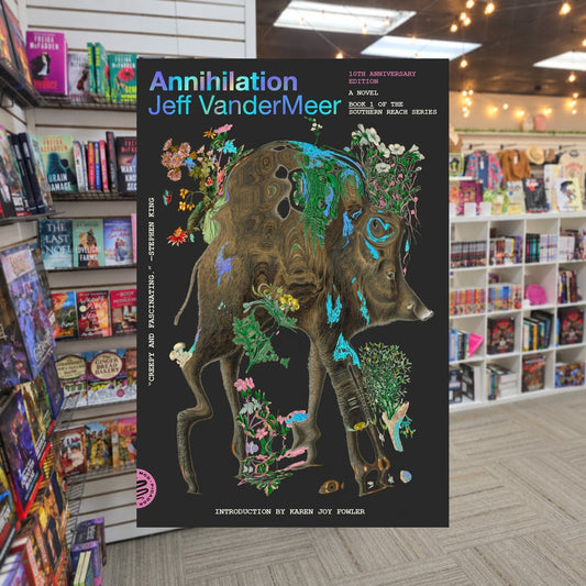 Annihilation by Jeff VanderMeer — actual cover on The Perk bookstore background