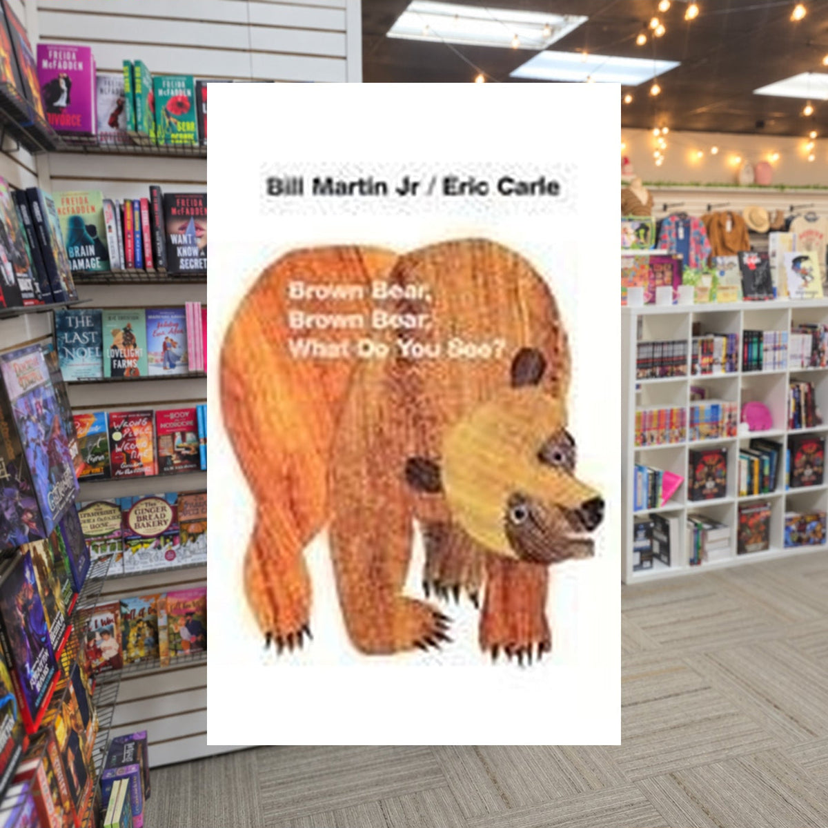 Brown Bear, Brown Bear, What Do You See? by Bill Martin Jr. — actual cover on The Perk bookstore background