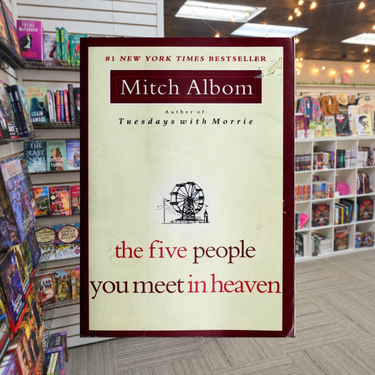The Five People You Meet In Heaven - Mitch Albom — actual cover on The Perk bookstore background