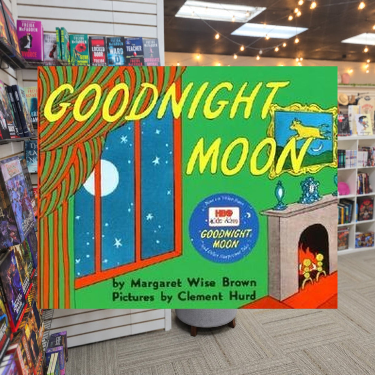 Goodnight Moon by Margaret Wise Brown , Clement Hurd — actual cover on The Perk bookstore background