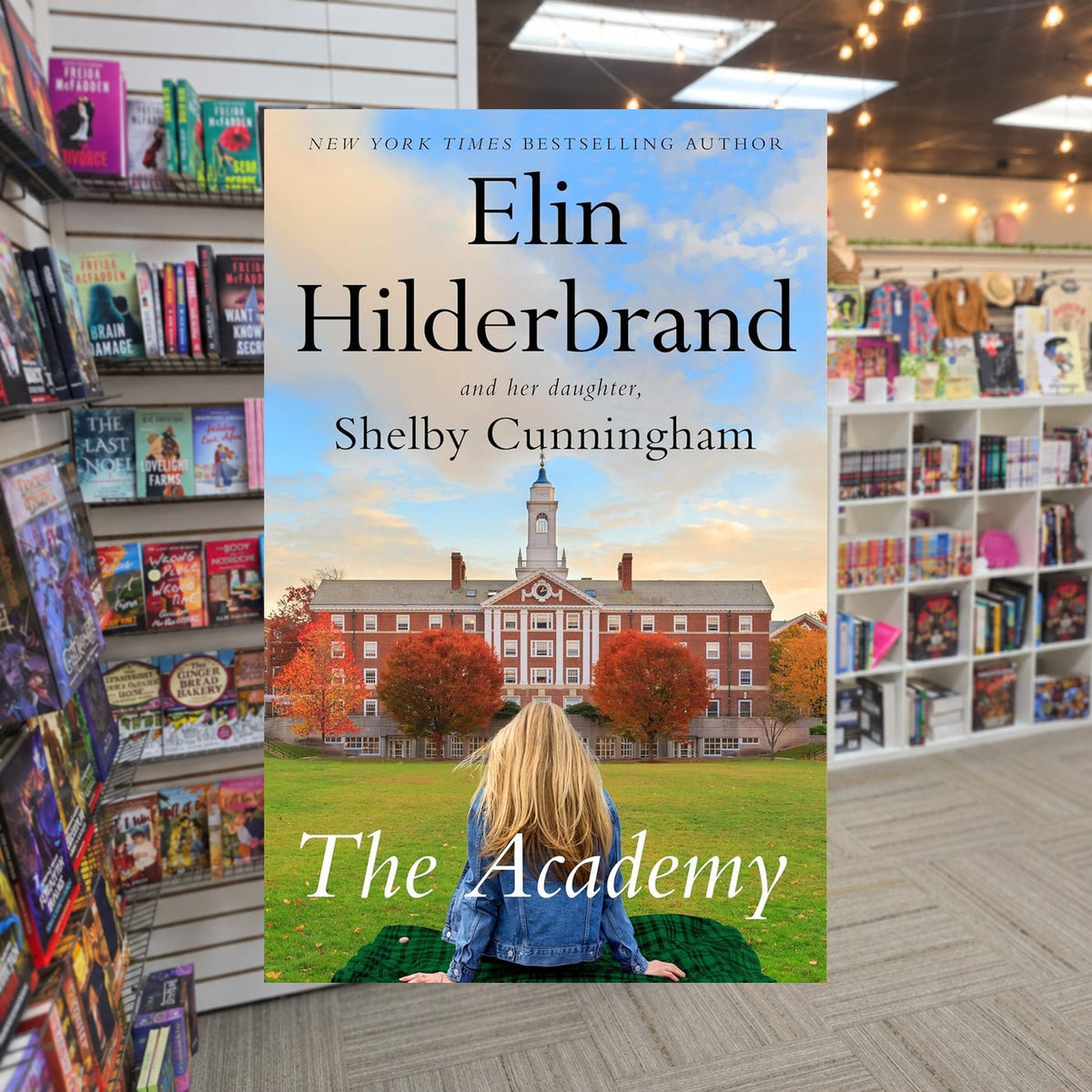 The Academy by Elin Hilderbrand — actual cover on The Perk bookstore background
