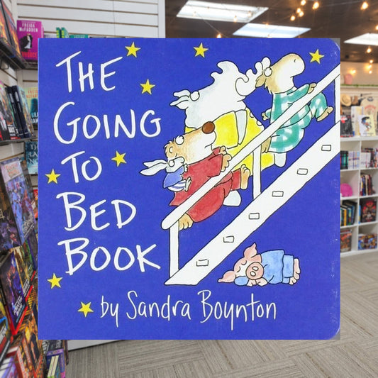 The Going To Bed Book by Sandra Boynton — actual cover on The Perk bookstore background