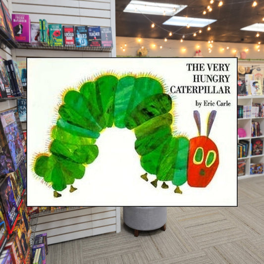 The Very Hungry Caterpillar by Eric Carle — actual cover on The Perk bookstore background