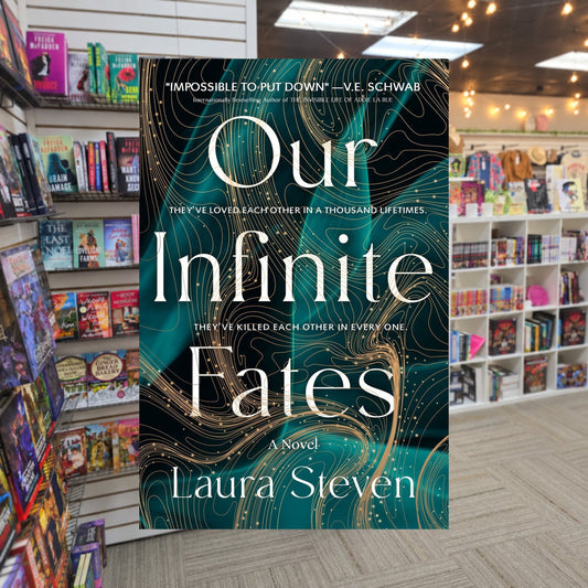 Our Infinite Fates by Laura Steven — actual cover on The Perk bookstore background