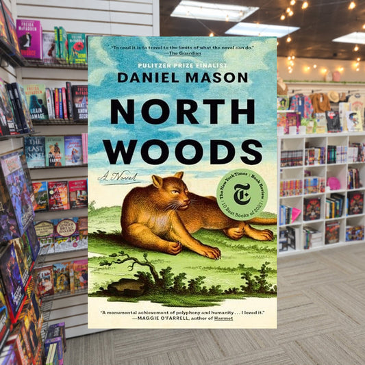 North Woods by Daniel Mason — actual cover on The Perk bookstore background