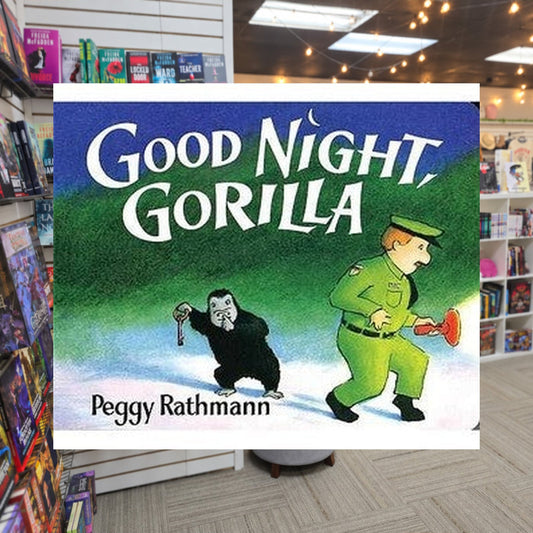 Good Night, Gorilla by Peggy Rathmann — actual cover on The Perk bookstore background