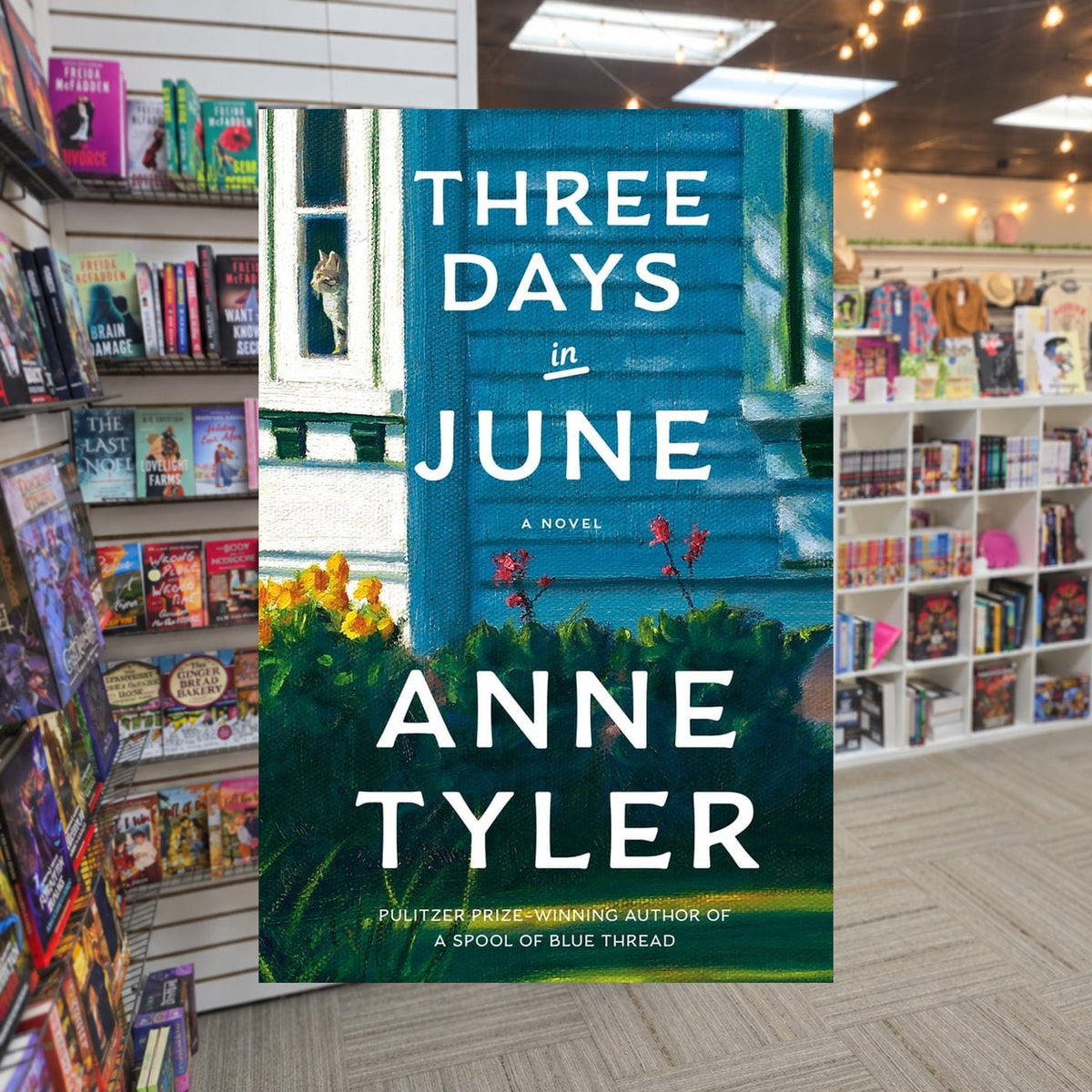 Three Days in June by Anne Tyler — actual cover on The Perk bookstore background