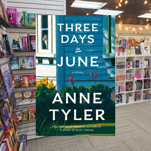 Three Days in June by Anne Tyler — actual cover on The Perk bookstore background
