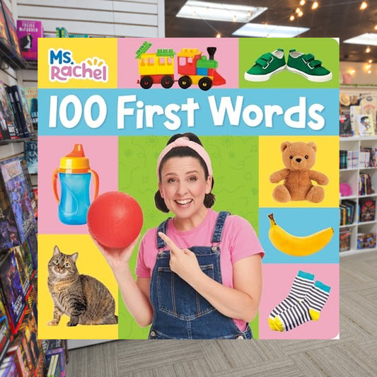 100 First Words (Ms. Rachel) by Ms. Rachel — actual cover on The Perk bookstore background