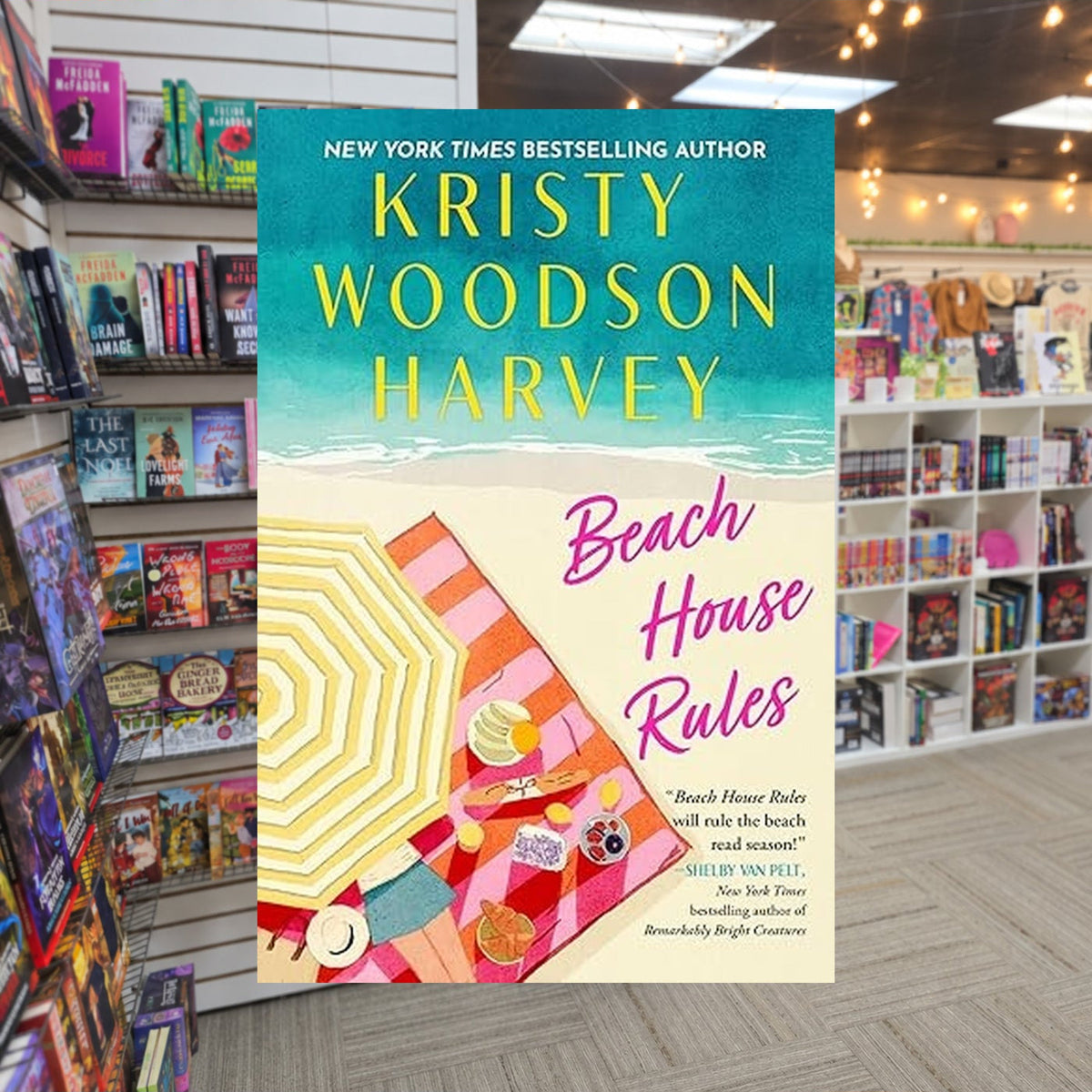 Beach House Rules by Kristy Woodson Harvey — actual cover on The Perk bookstore background