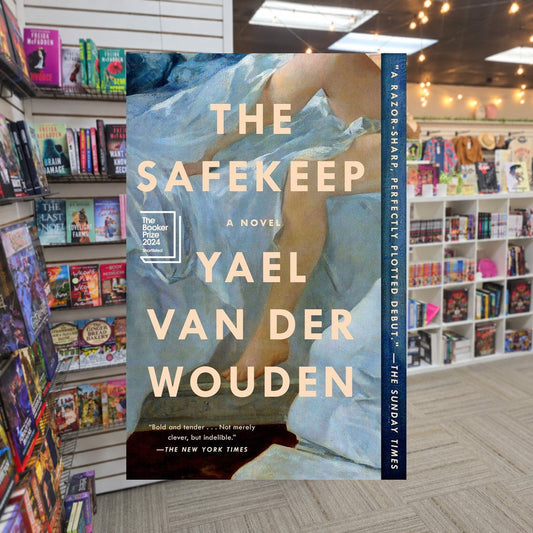 The Safekeep by Yael Van Der Wouden — actual cover on The Perk bookstore background