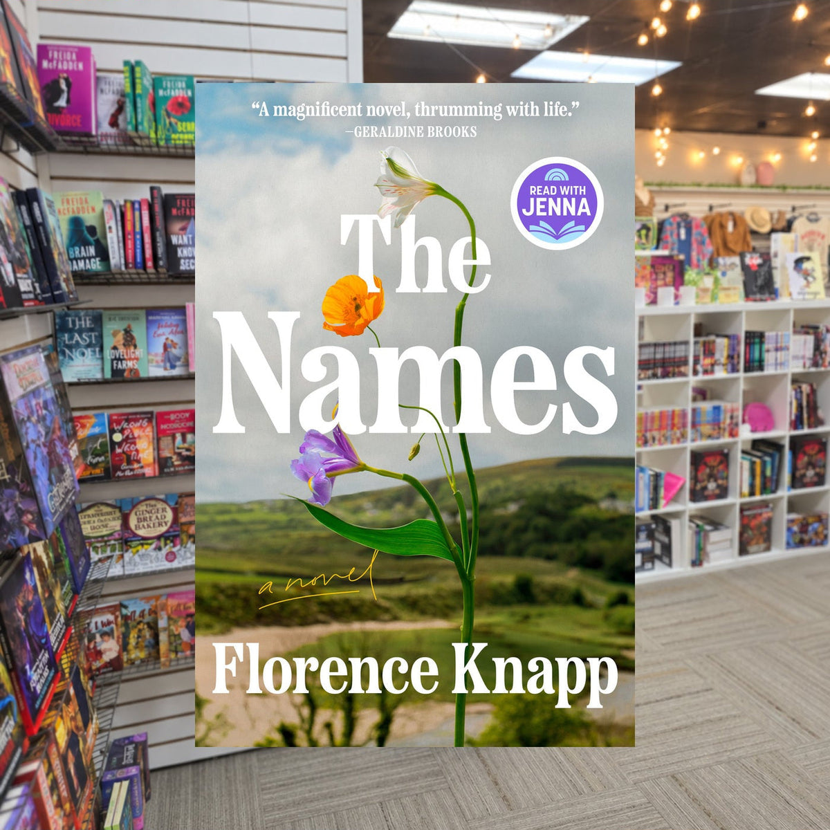 The Names by Florence Knapp — actual cover on The Perk bookstore background