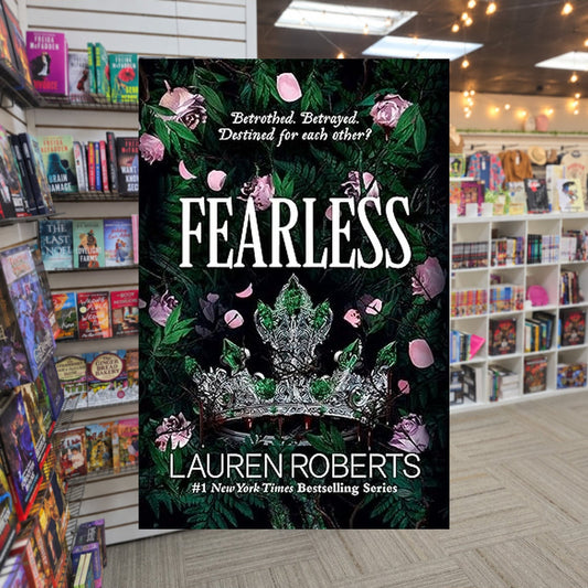 The Powerless Trilogy #3: Fearless by Lauren Roberts — actual cover on The Perk bookstore background