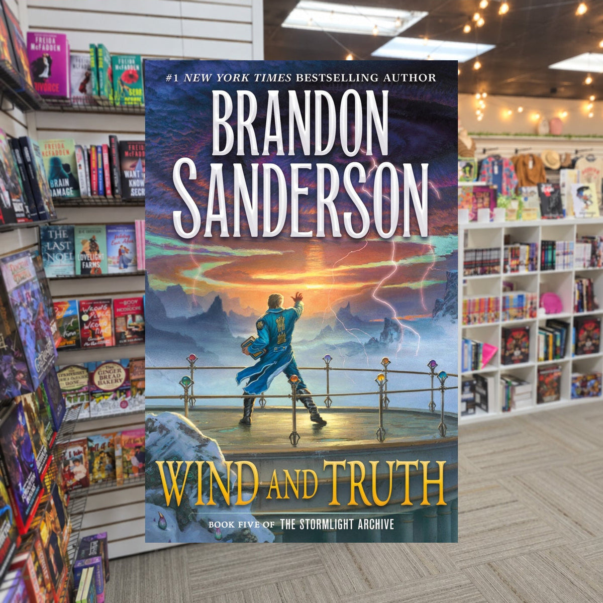 Wind and Truth by Brandon Sanderson — actual cover on The Perk bookstore background