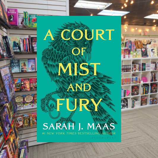 A Court of Mist and Fury — actual cover on The Perk bookstore background