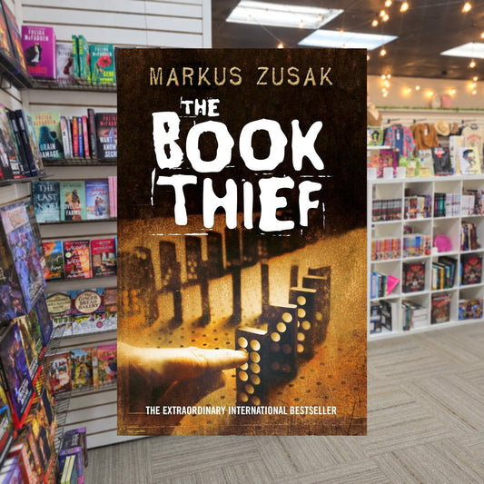 The Book Thief by Markus Zusak — actual cover on The Perk bookstore background
