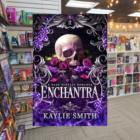 Enchantra by Kaylie Smith — actual cover on The Perk bookstore background